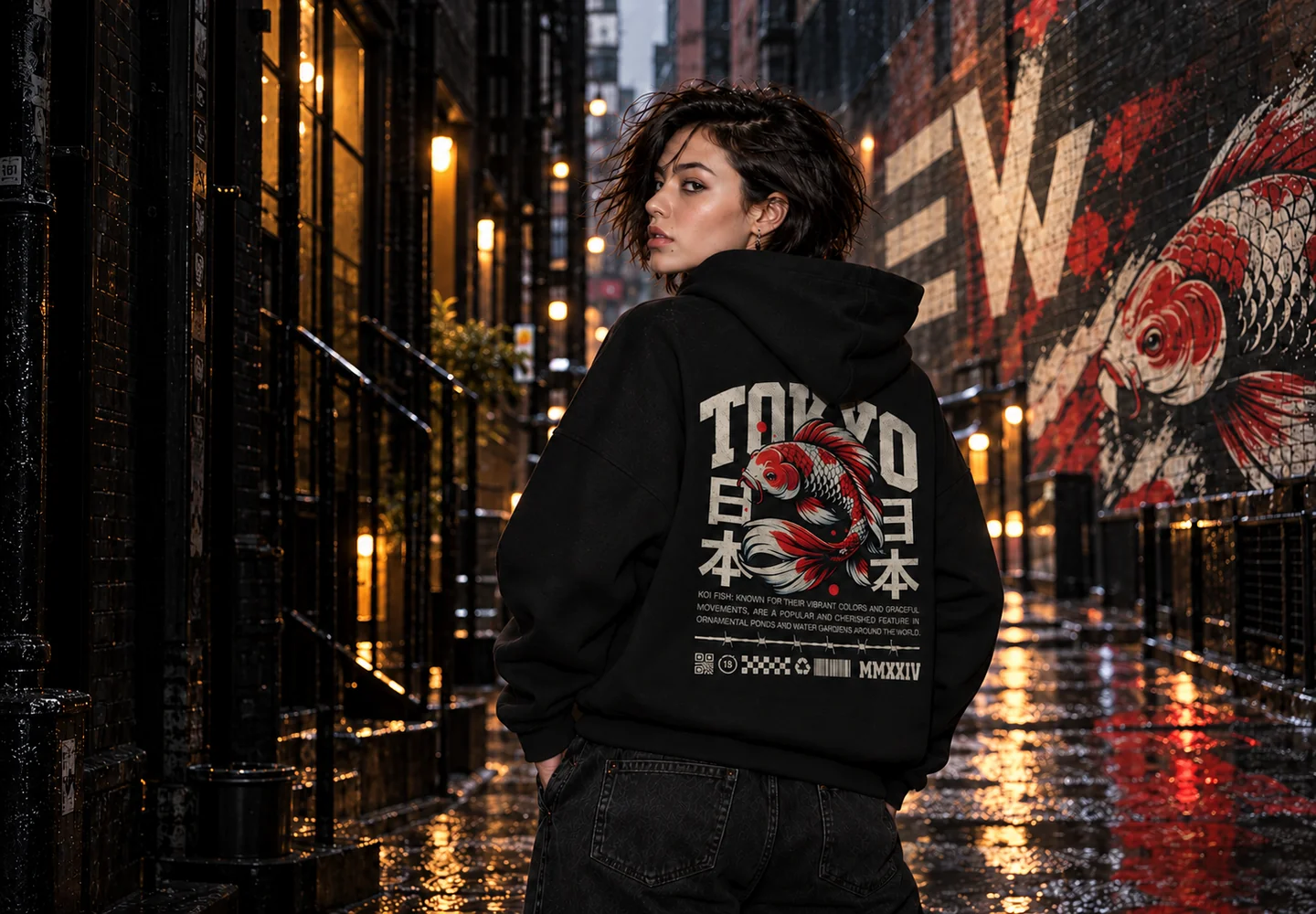 Kampania AI EW Store — czarna bluza z motywem Tokyo Koi w miejskim pasażu