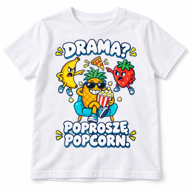 Koszulka dziecięca Drama Poproszę popcorn owoce mem biała