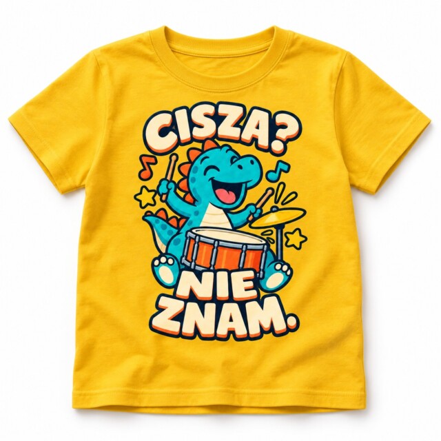 Koszulka dziecięca dinozaur Cisza Nie znam perkusista żółta