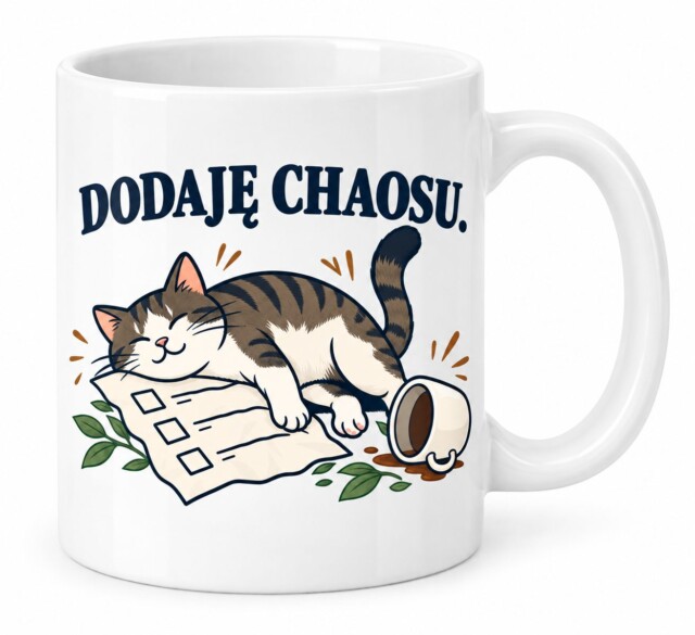 Kubek DODAJĘ CHAOSU biały 330 ml prezent