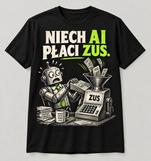 Koszulka Niech AI płaci ZUS czarna prezent dla przedsiębiorcy