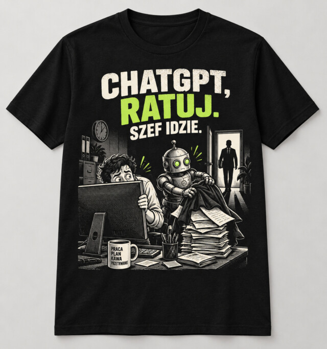 Koszulka ChatGPT ratuj szef idzie czarna prezent humor do pracy