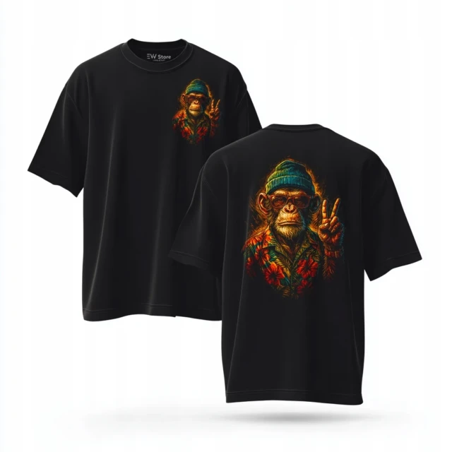 Koszulka oversize czarna 240g Peace Monkey małpa streetwear