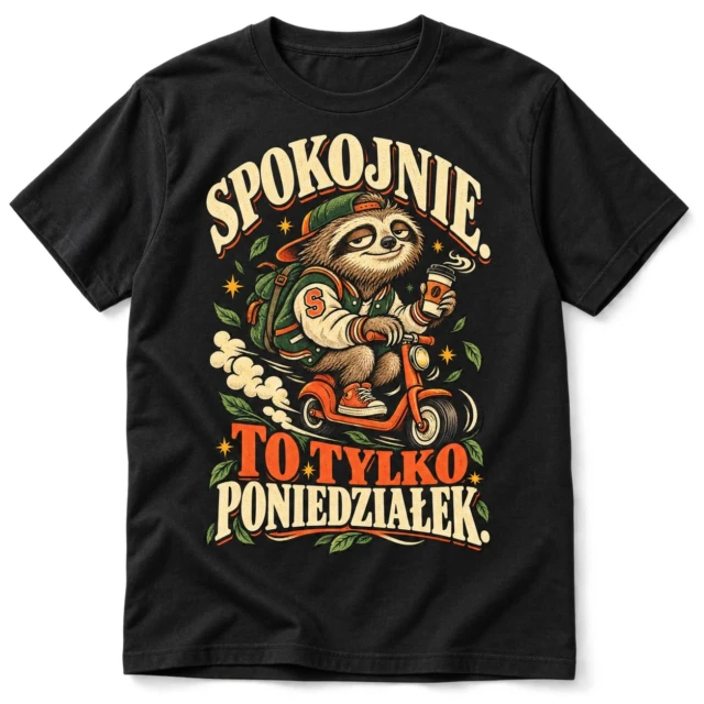 Koszulka z leniwcem Spokojnie to tylko poniedziałek czarna
