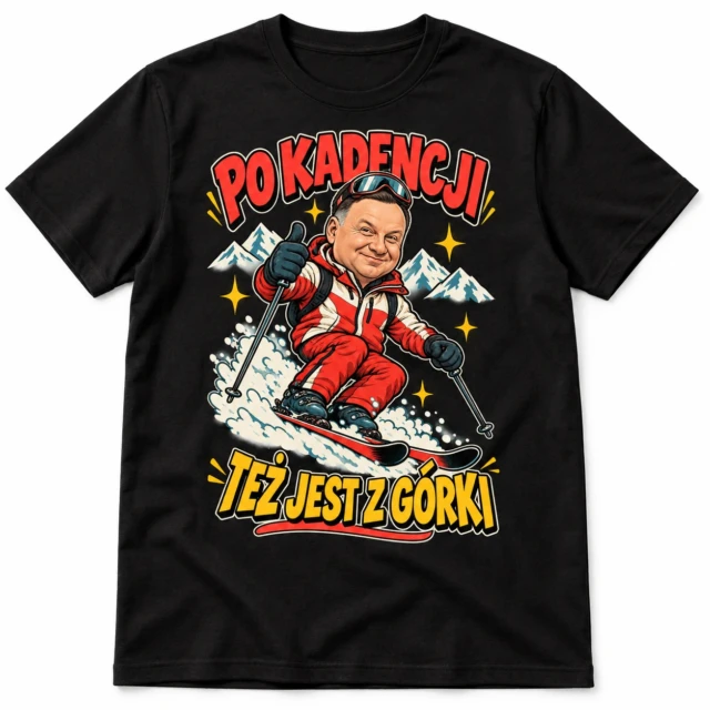 Koszulka śmieszna Duda na nartach Po kadencji czarna unisex