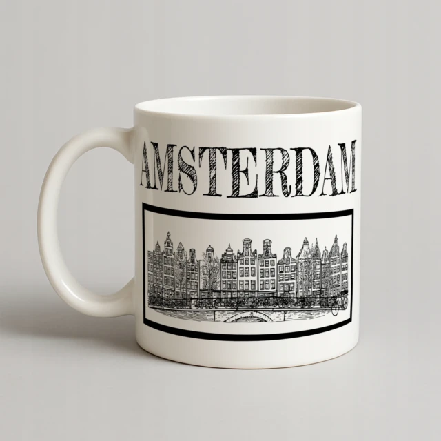 Kubek Amsterdam - Panorama miasta w klasycznej czerni i bieli