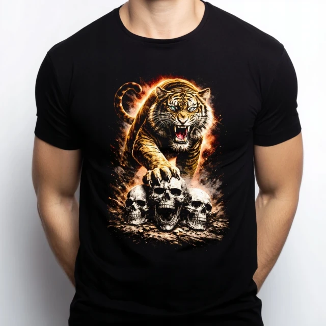 Koszulka T-Shirt Czarna Tygrys Czaszki Ognisty Nadruk Bawełniana Unisex