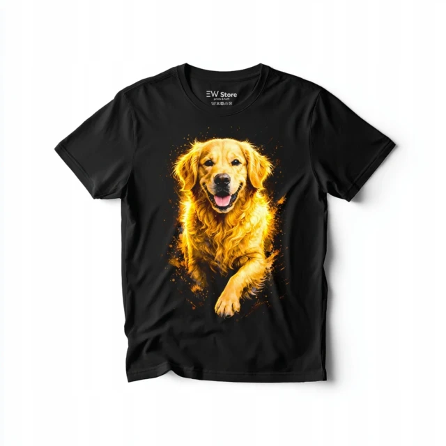 Koszulka męska golden retriever z nadrukiem czarna bawełna