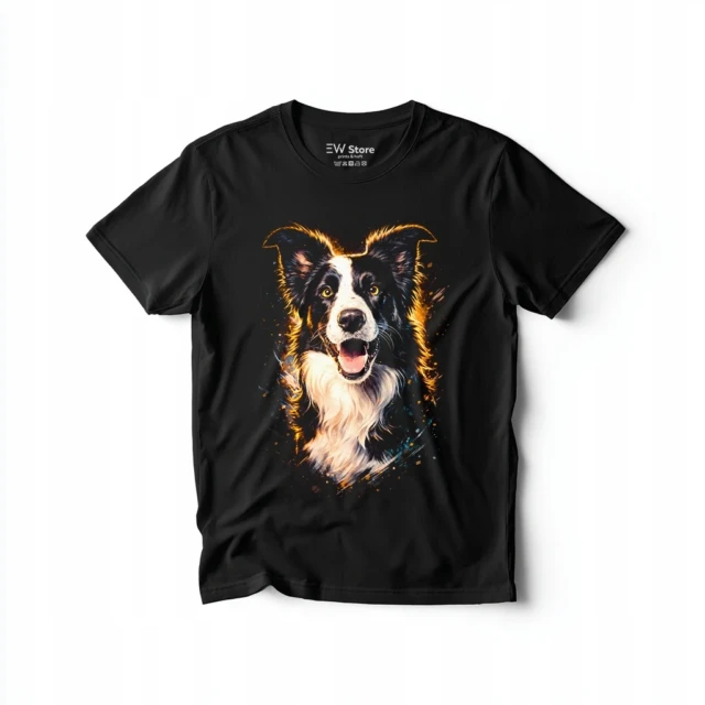 Koszulka męska Border Collie z nadrukiem psa czarna bawełna