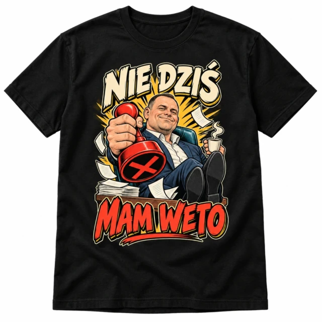 Koszulka śmieszna Nawrocki Mam weto czarna nadruk unisex