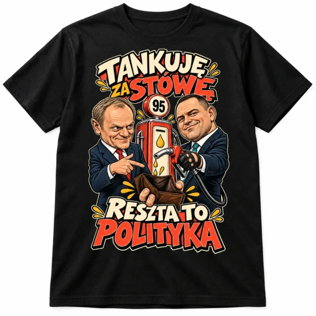 Koszulka śmieszna Tusk Nawrocki Tankuję za stówę czarna unisex