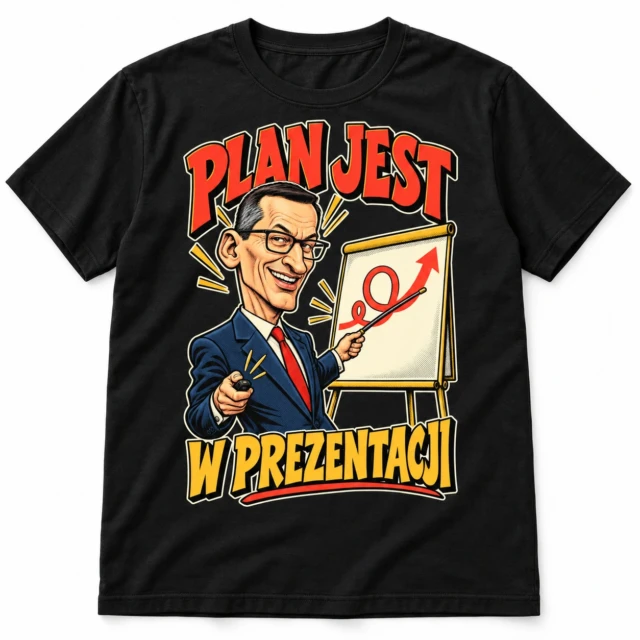 Koszulka śmieszna Morawiecki Plan jest w prezentacji czarna