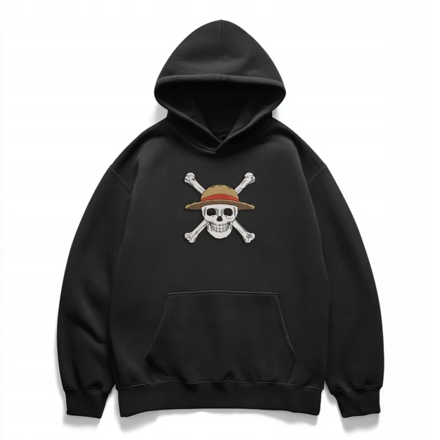 Czarna bluza oversize z kapturem haft piracka czaszka anime unisex