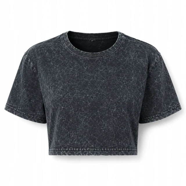 Koszulka damska crop oversize acid wash 170g bawełna czarna