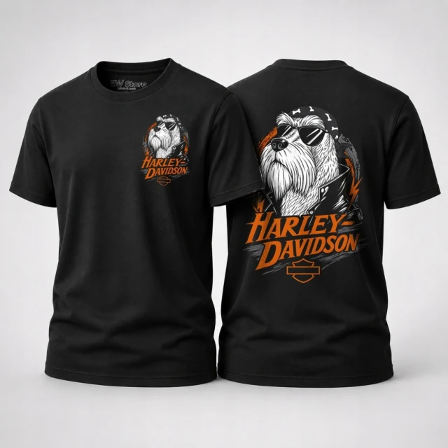Koszulka męska motocyklowa Biker Dog nadruk przód tył czarna 190 g