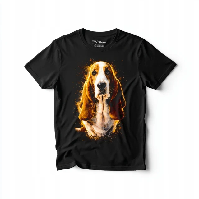 Koszulka męska Basset Hound z nadrukiem psa czarna bawełna