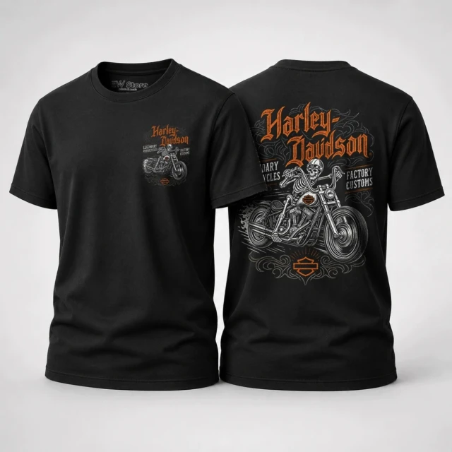 Koszulka męska motocyklowa Skeleton Rider nadruk przód tył czarna