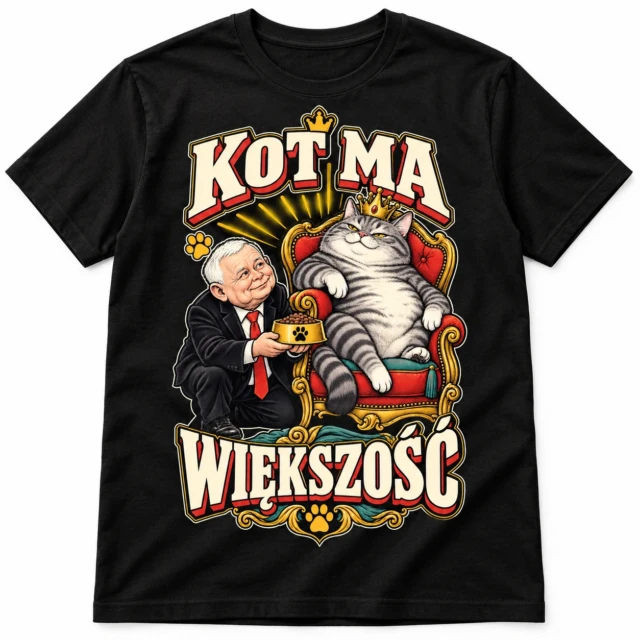 Koszulka śmieszna Kaczyński Kot ma większość czarna unisex
