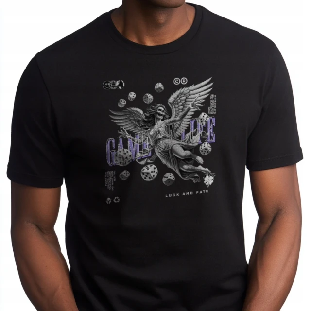 Koszulka męska „GAMBLE OF FATE” - Anioł Losu, Premium Print, Czarna -